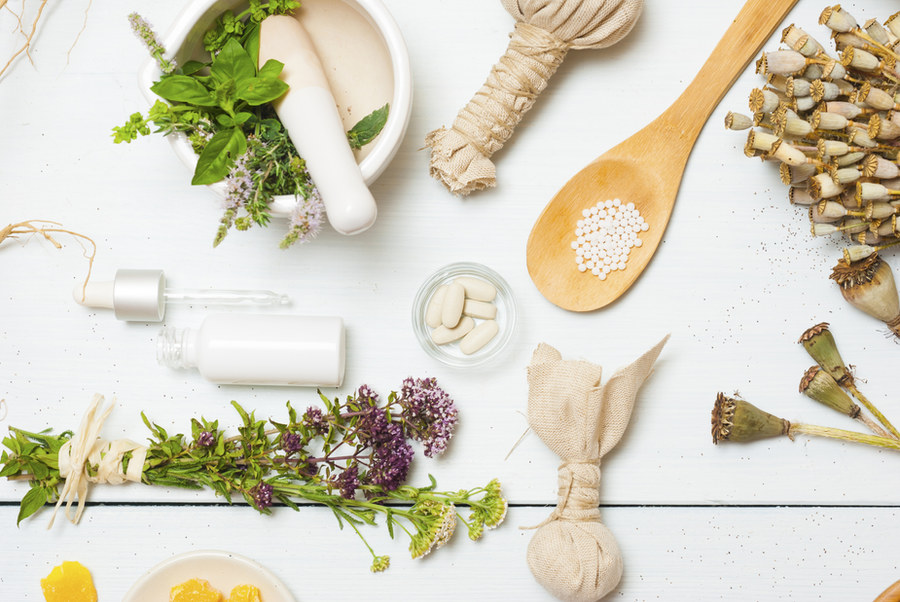 Herbal remedies in glass bottles